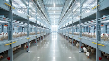 Obraz premium Modern Poultry Farming: A glimpse into a large-scale, efficient poultry operation, showcasing a vast and well-lit facility with rows of cages housing chickens. The image emphasizes the clean, organize