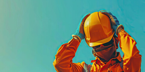 A construction worker secures a hardhat over their head, ensuring safety on the job site.