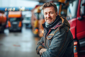 Obraz premium Truck driver, transporting freight, working as a trucker, managing logistics on the road
