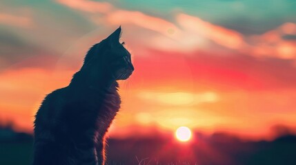 Cat sitting silhouette close up, focus on, copy space against vibrant sunset sky, Double exposure silhouette with serene beauty