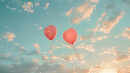 Fototapeta premium Two pink balloons on panoramic sky background, love and couple concept. 