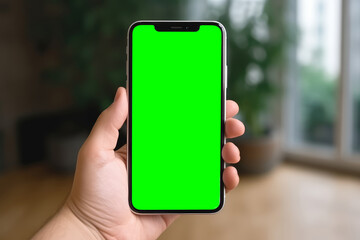 Woman Holding Blank Mobile Phone Green Screen While Relaxing at Home on a Cozy Afternoon
