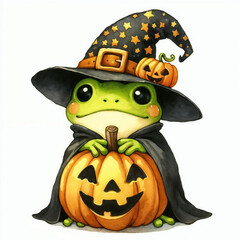 Obraz premium Cute cartoon halloween frog with pumpkin on white background. AI 