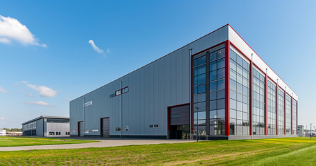 Obraz premium Exterior of a gray industrial warehouse dock station with white walls and red edges, surrounded by green grass. Commercial storehouse building, business unit, cargo factory, distribution, logistics.