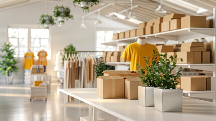 Modern retail store with clothing, boxes, and plants.