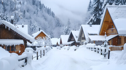 Charming winter village scene with snow-covered houses nestled in a peaceful snowy landscape.