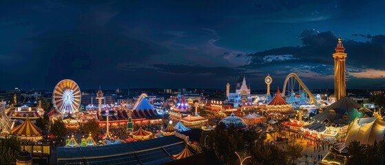 Obraz premium Panoramic View of Oktoberfest Fairgrounds with Night Lights