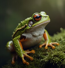 Tree frog , Flying frog laughing, animal closeup, Gliding frog sitting on moss