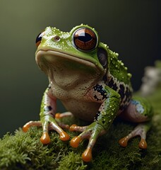 Tree frog , Flying frog laughing, animal closeup, Gliding frog sitting on moss