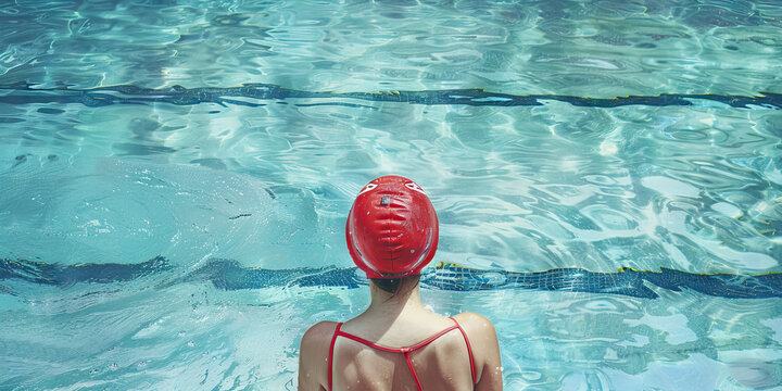 A swimmer listens to a lifeguard's instructions before entering the pool, taking precautions for their safety.