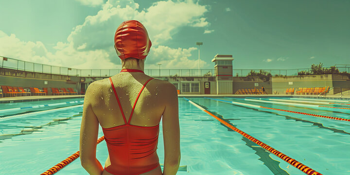A swimmer listens to a lifeguard's instructions before entering the pool, taking precautions for their safety.