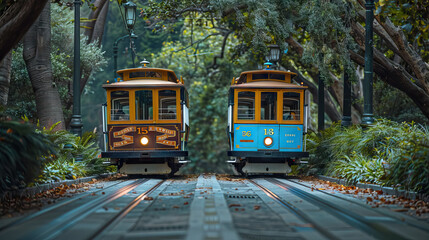 two old cable cars on the street, manually operated cable car system.
