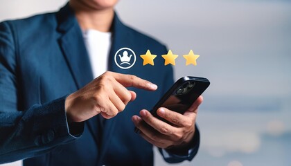 Man give rating to service excellent experience on mobile phone application, Customer review satisfaction feedback survey concept. Client evaluate quality of service reputation ranking of business.