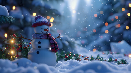 Obraz premium A serene winter scene with a snowman surrounded by trees, captured in a raw, artistic style.