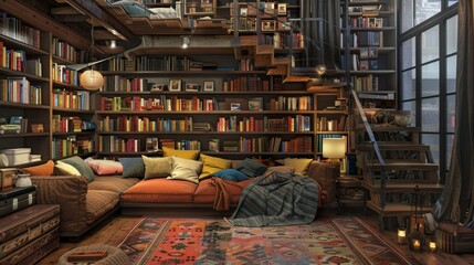 Obraz premium 3D Rendering Design of Bedroom Interior with Library Concept