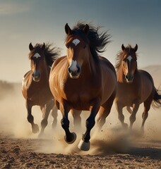 Horses with long mane portrait run gallop in desert dust. image of animal. copy space for text.