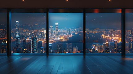 Obraz premium Empty modern room with an unobstructed view of a bustling city at night, city lights reflecting off the glass