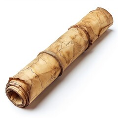 Vintage scroll opened papyrus, isolated on a white background, bright and vivid tonality, in the style of product photography