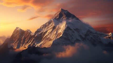 Beautiful colorful sunset over the snowy mountain range. Neural network ai generated art
