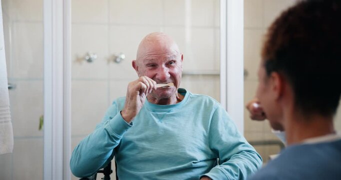 Brushing teeth, cleaning and senior man with grooming learning from caregiver with dementia help. Medical, dental and oral hygiene support with nurse in bathroom for wellness teaching in retirement