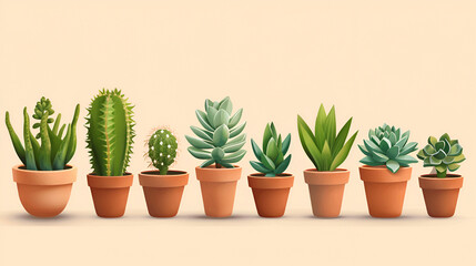 Fototapeta premium Various types of house plants in clay pots on a white background ,Genuine Cactus Plants Separated on White Background