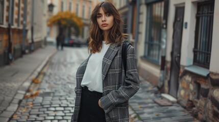 Obraz premium A woman in a fashionable casual outfit, standing on a cobblestone street. Her stylish clothes and confident stance emphasize modern urban chic.