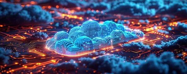  Illustration of a cloud above the motherboard surrounded by orange circuit lines