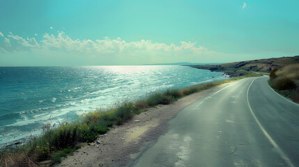 A serene coastal road winding along the edge of a rocky cliff overlooking the calm blue sea