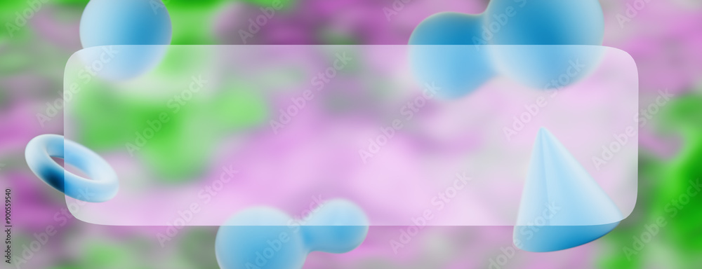 Poster Abstract shapes in a colorful background with a rectangular transparent center. 3d rendering