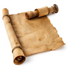 Vintage scroll opened papyrus, isolated on a white background, bright and vivid tonality, in the style of product photography