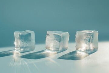 A close-up view of three ice cubes sitting on a table, perfect for cold drinks or science experiments