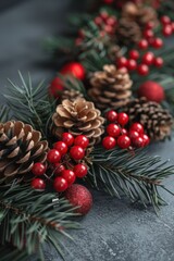 Christmas garland with pine cones and red berries on a gray background