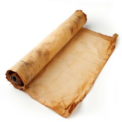 Vintage scroll opened papyrus, isolated on a white background, bright and vivid tonality, in the style of product photography