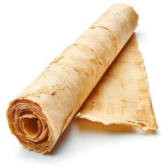 Vintage scroll opened papyrus, isolated on a white background, bright and vivid tonality, in the style of product photography