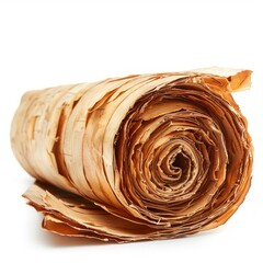 Vintage scroll opened papyrus, isolated on a white background, bright and vivid tonality, in the style of product photography