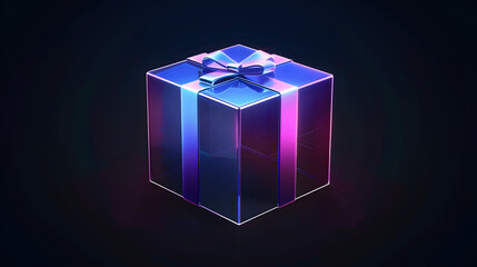 A holographic gift box with vibrant colors and a bow on top.