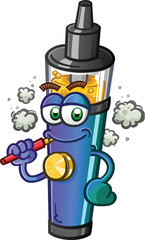Electronic cigarette vape pen cartoon character holding a smaller vaporizer and smoking safe vapor and releasing puffs of smoke into the air, vector clip art illustration