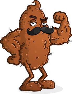 recommend clip art: Tough poop cartoon character bodybuilder flexing his rippling muscles and sporting a retro style mustache and a raised eyebrow, clip art illustration
