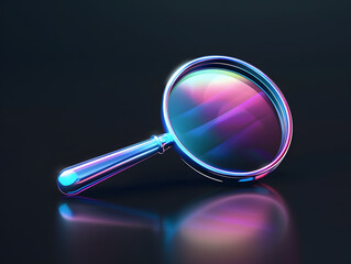 A holographic magnifying glass with vibrant neon colors and a futuristic design.