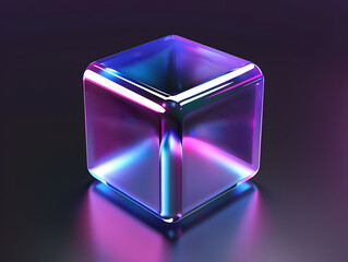 A holographic neon cube rendered in vibrant colors on a dark background

