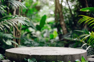 Fototapeta premium Stone tabletop podium floor in outdoors tropical garden forest blurred green leaf plant nature background.Natural product placement pedestal stand display,jungle paradise concept with generative ai