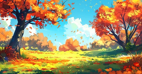 Autumnal Forest with Trees and Fallen Leaves