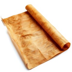 Vintage scroll opened papyrus, isolated on a white background, bright and vivid tonality, in the style of product photography