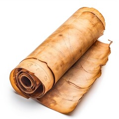 Vintage scroll opened papyrus, isolated on a white background, bright and vivid tonality, in the style of product photography