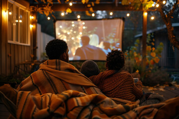 Family watching an outdoor movie under string lights, wrapped in cozy blankets, during an autumn evening. The scene is warm and intimate, capturing a moment of togetherness and comfort