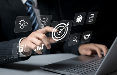 Businessman working with, target icon digital business growth. concept of business plan and focus goal strategy, corporate to achieve the purpose, grow of company, success invest objective.