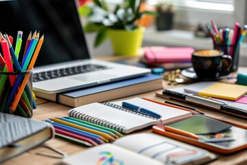 Arranged set of back-to-school essentials on a wooden desk that includes notebooks, pens, a laptop, and a cup of coffee with a soft, warm light illuminating the scene