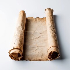 Vintage scroll opened papyrus, isolated on a white background, bright and vivid tonality, in the style of product photography