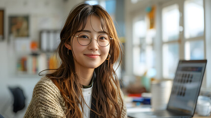 A cheerful young woman with glasses working on her laptop in a cozy, well-lit room.