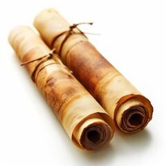 Vintage scroll opened papyrus, isolated on a white background, bright and vivid tonality, in the style of product photography